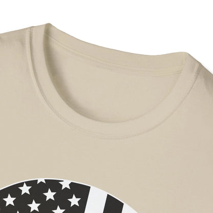 Close-up of the American Skull Flag B&W design on the chest area highlighting detailed black and white print on soft cotton