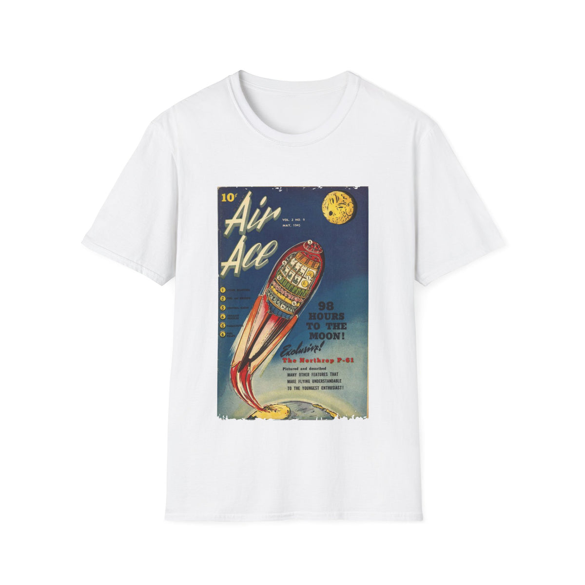 Close-up of the Air Ace Vol 2 No 9 unisex softstyle T-shirt's relaxed fit and heather navy fabric featuring a smooth