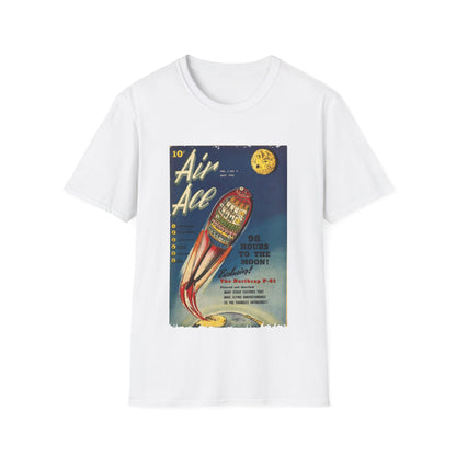 Close-up of the Air Ace Vol 2 No 9 unisex softstyle T-shirt's relaxed fit and heather navy fabric featuring a smooth