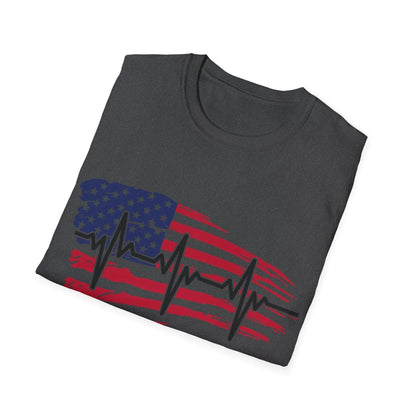 Close-up of the distressed American flag heartbeat print on soft, lightweight white cotton fabric showcasing vibrant red