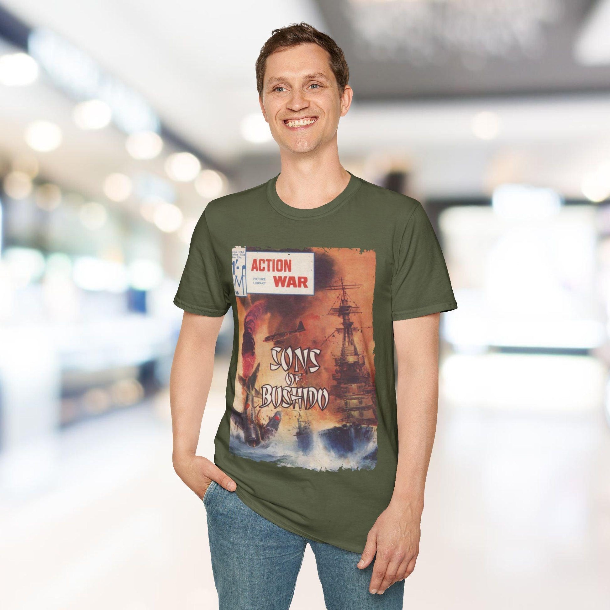 Close-up of the unisex softstyle T-shirt’s relaxed fit collar and exposed seam detailing in vibrant blue fabric