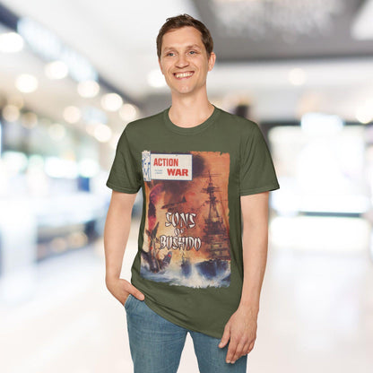 Close-up of the unisex softstyle T-shirt’s relaxed fit collar and exposed seam detailing in vibrant blue fabric