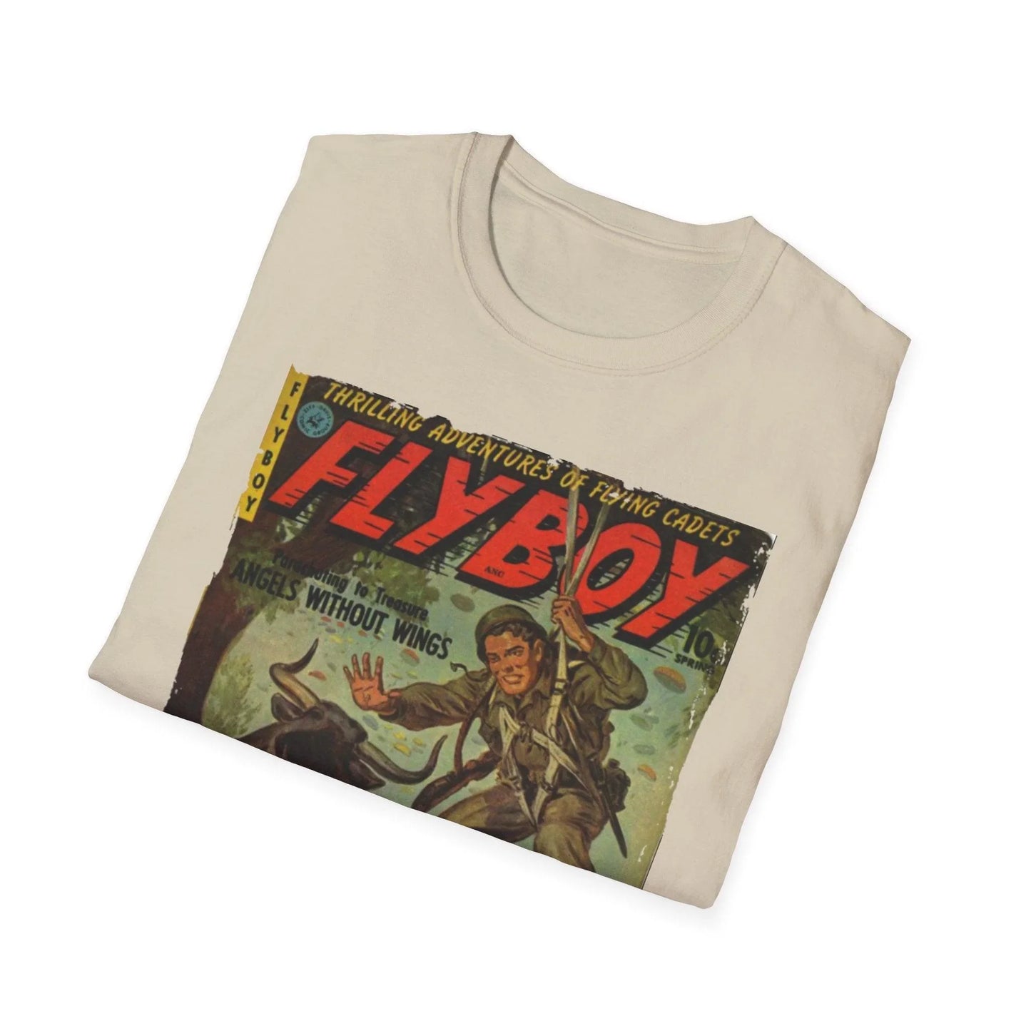 Close-up of the Flyboy No.1 unisex softstyle T-shirt’s vibrant navy fabric showing subtle ribbed texture and reinforced