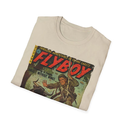 Close-up of the Flyboy No.1 unisex softstyle T-shirt’s vibrant navy fabric showing subtle ribbed texture and reinforced