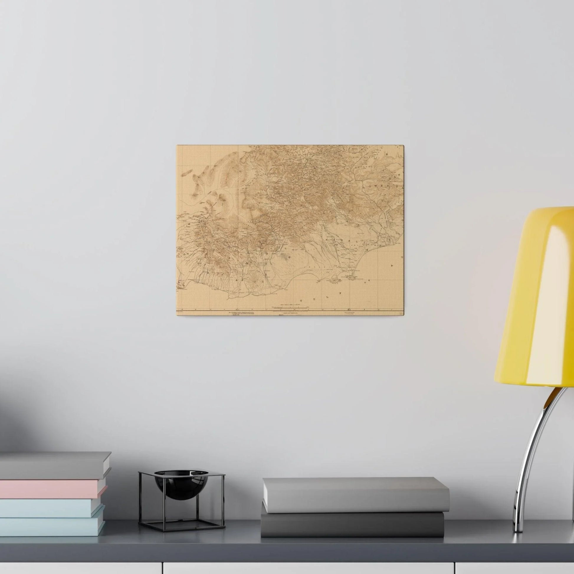 Close-up of textured canvas surface highlighting the detailed print of Aden Protectorate map from 1914, with visible fabric