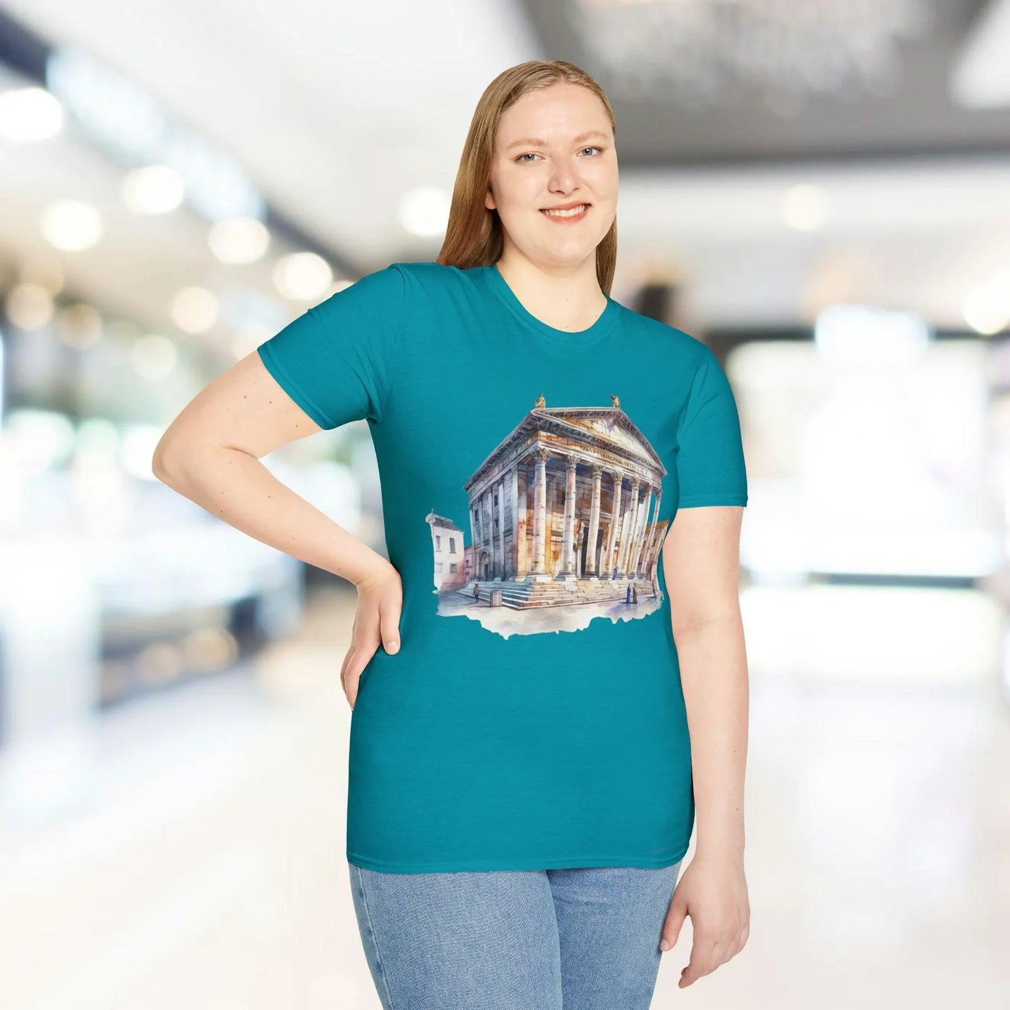 Close-up of the Ancient Bldg 2 unisex softstyle T-shirt fabric showing its smooth, lightweight cotton blend and subtle