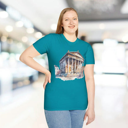 Close-up of the Ancient Bldg 2 unisex softstyle T-shirt fabric showing its smooth, lightweight cotton blend and subtle