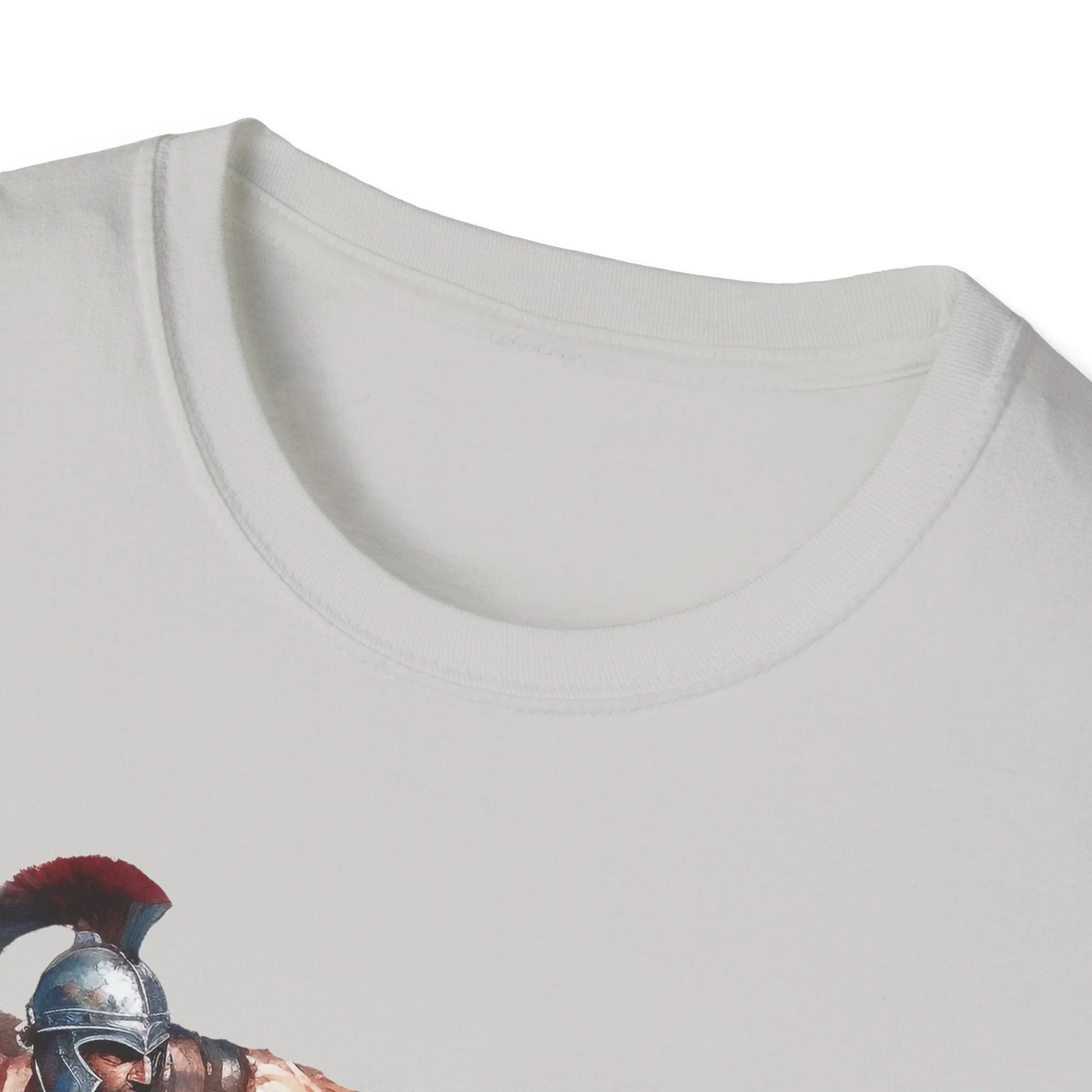 Close-up of the unisex softstyle T-shirt's neckline featuring reinforced stitching and a subtle logo tag at the collar seam.