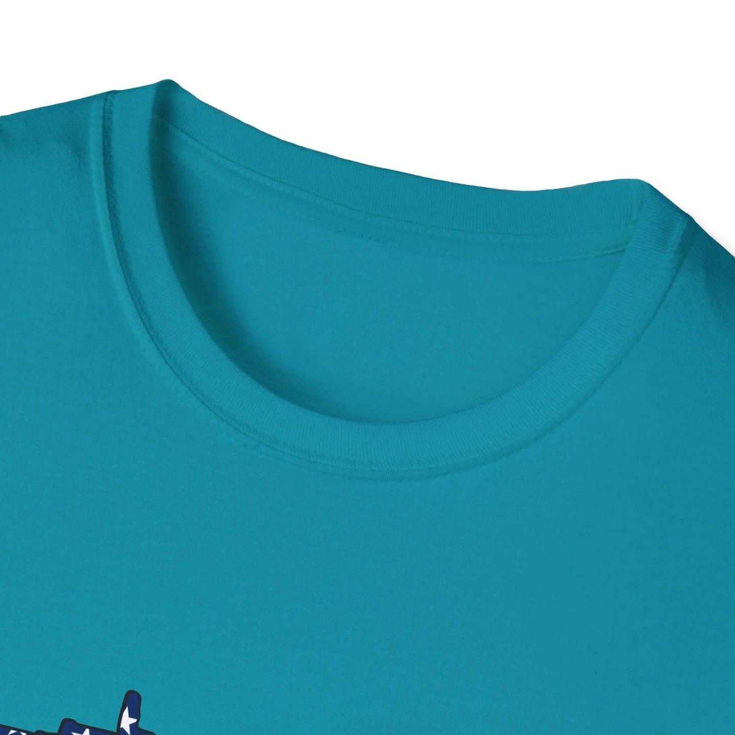 Close-up of the AR American Flag color softstyle T-shirt's vibrant fabric weave and slim fit neckline on mannequinâs