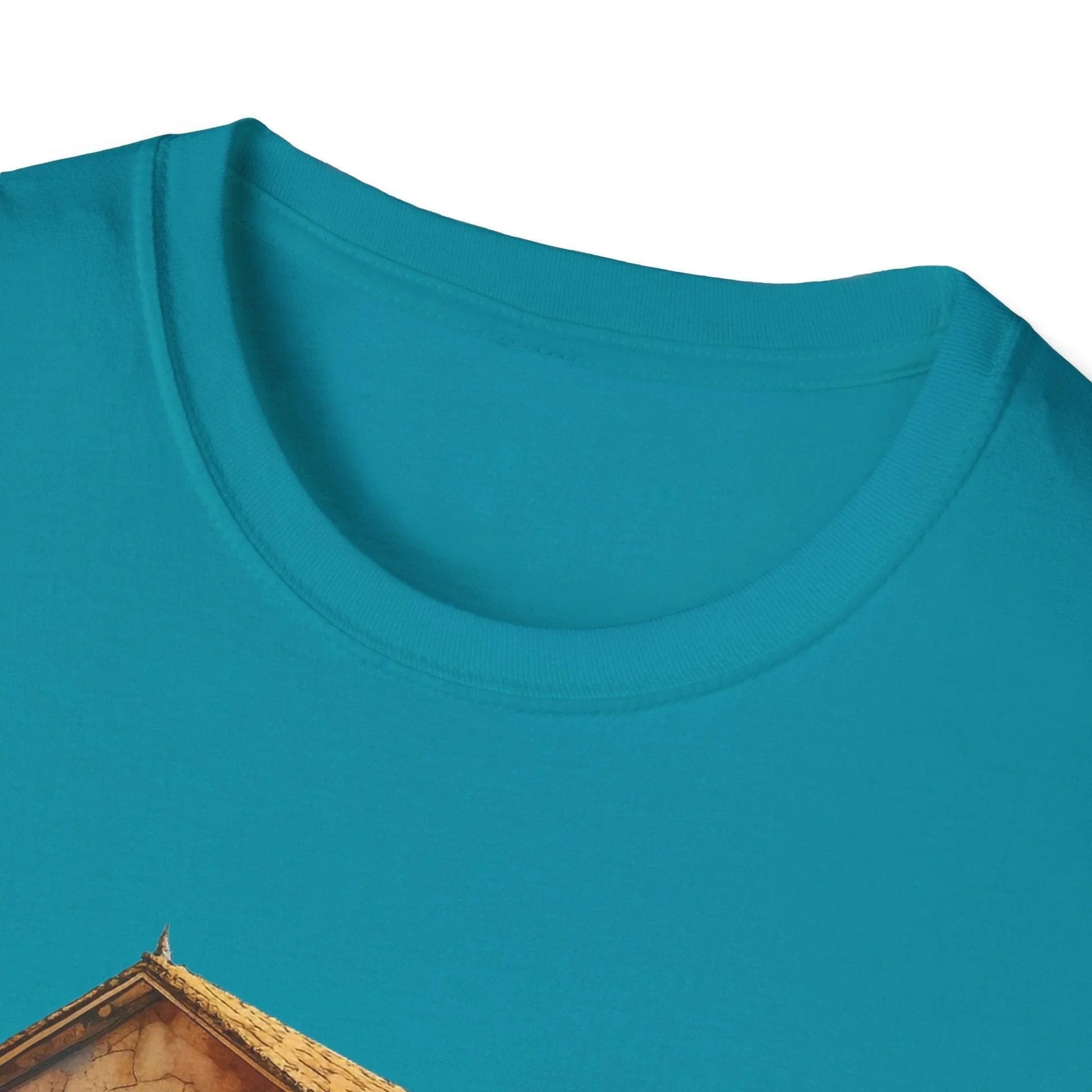 Close-up of the unisex relaxed fit T-shirt's fabric texture and subtle heather pattern in deep navy from a front angle