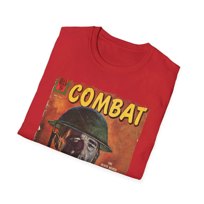 Close-up of the navy softstyle fabric revealing subtle texture and reinforced stitched neckline detail from a top-down angle.