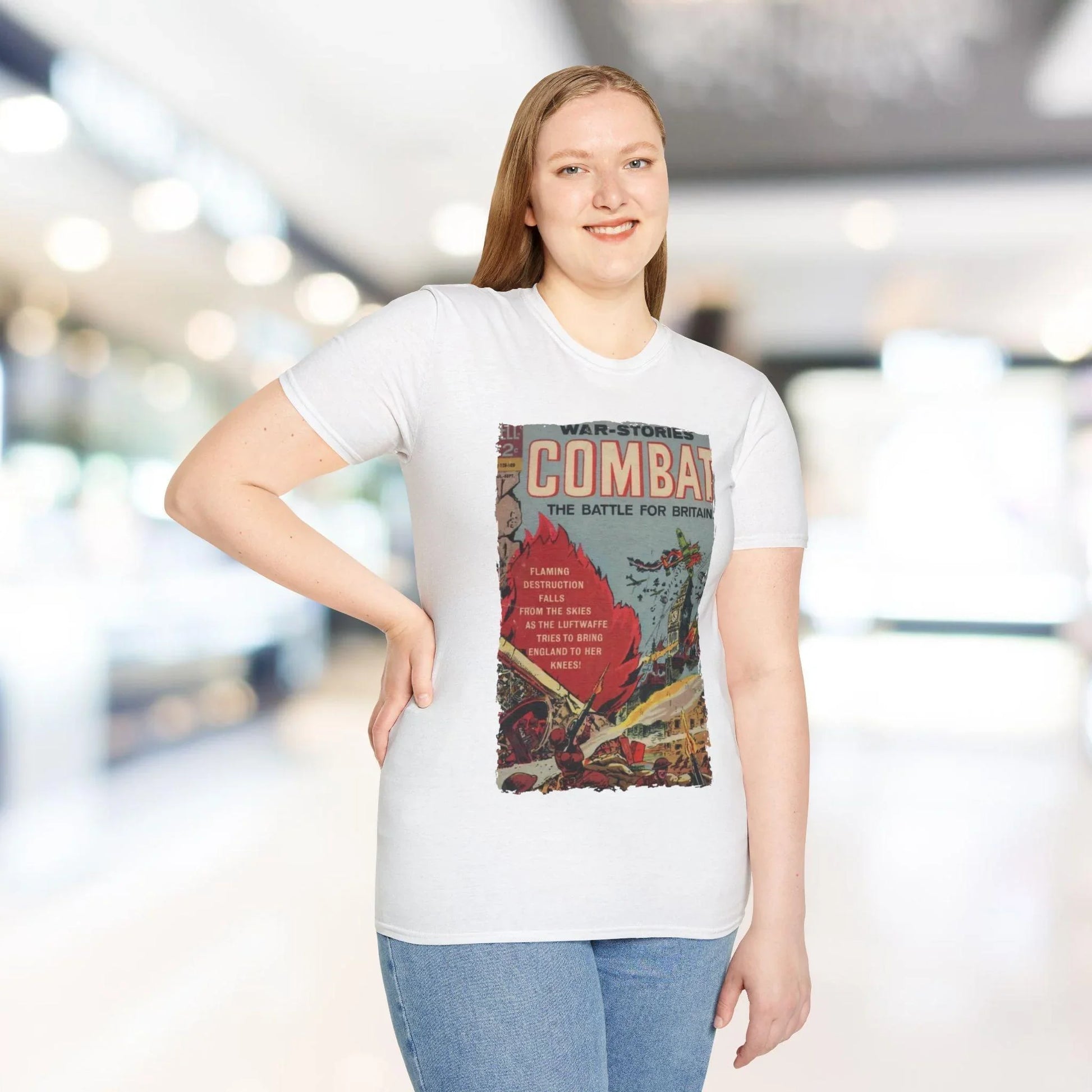 Close-up of the black cotton fabric displaying the subtle distressed print detail on the upper chest area of the Combat July