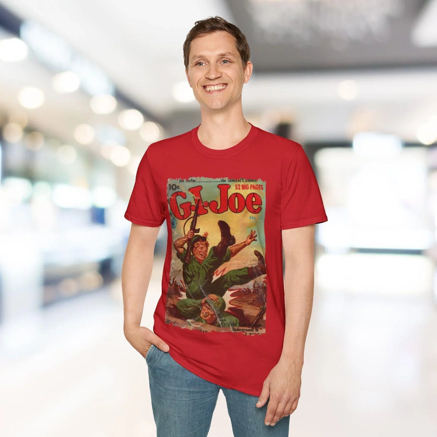 Close-up of the G.I. Joe No.14 softstyle T-shirt's black crew neckline and reinforced stitching at the collar seam