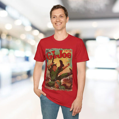 Close-up of the G.I. Joe No.14 softstyle T-shirt's black crew neckline and reinforced stitching at the collar seam