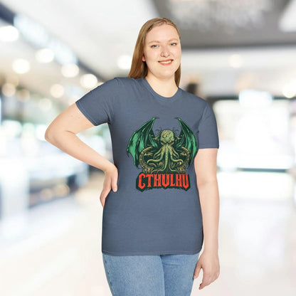 Close-up of the Cthulhu graphics on the chest featuring detailed linework and vibrant teal accents on the relaxed-fit black