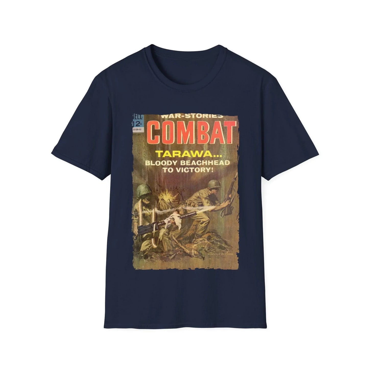 Close-up of the Combat Dec 1964 unisex softstyle T-shirt’s relaxed fit and heather navy color showcasing smooth fabric