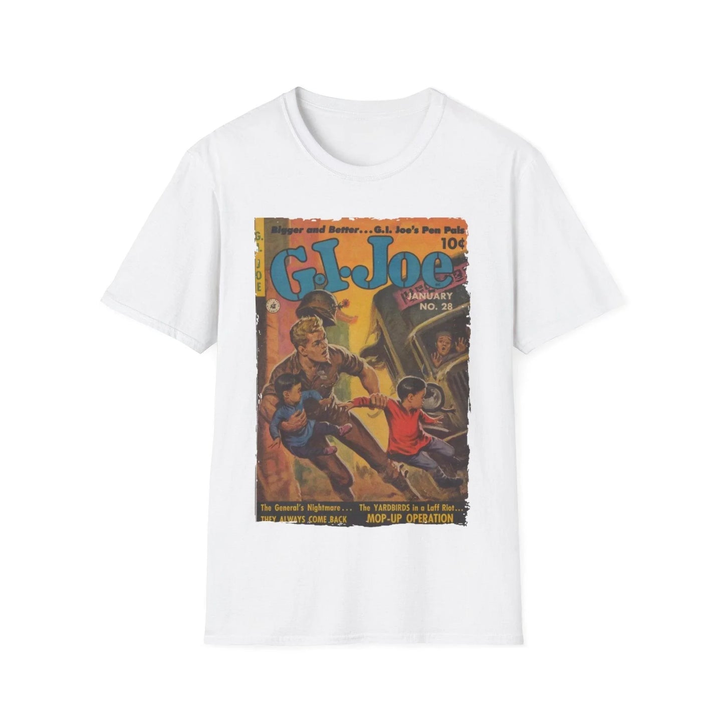 Close-up of the G.I. Joe No.28 softstyle T-shirt’s relaxed fit label on a heather navy fabric with a crew neckline and short