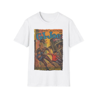 Close-up of the G.I. Joe No.28 softstyle T-shirt’s relaxed fit label on a heather navy fabric with a crew neckline and short