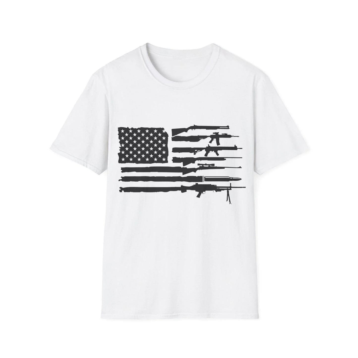 Printify unisex black and white American flag graphic cotton crew neck T-shirt with relaxed fit and short sleeves