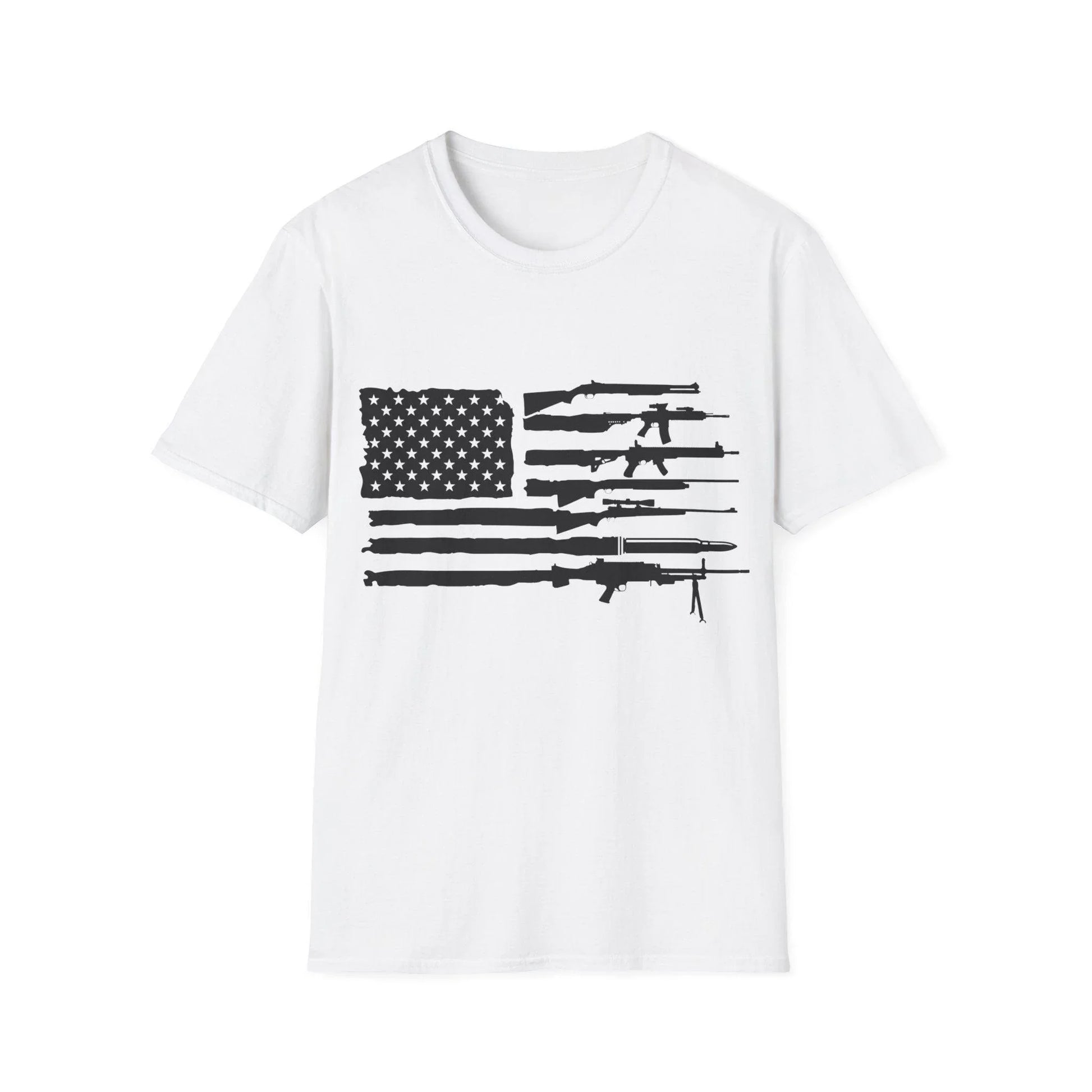 Printify unisex black and white American flag graphic cotton crew neck T-shirt with relaxed fit and short sleeves