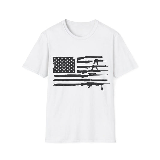 Printify unisex black and white American flag graphic cotton crew neck T-shirt with relaxed fit and short sleeves