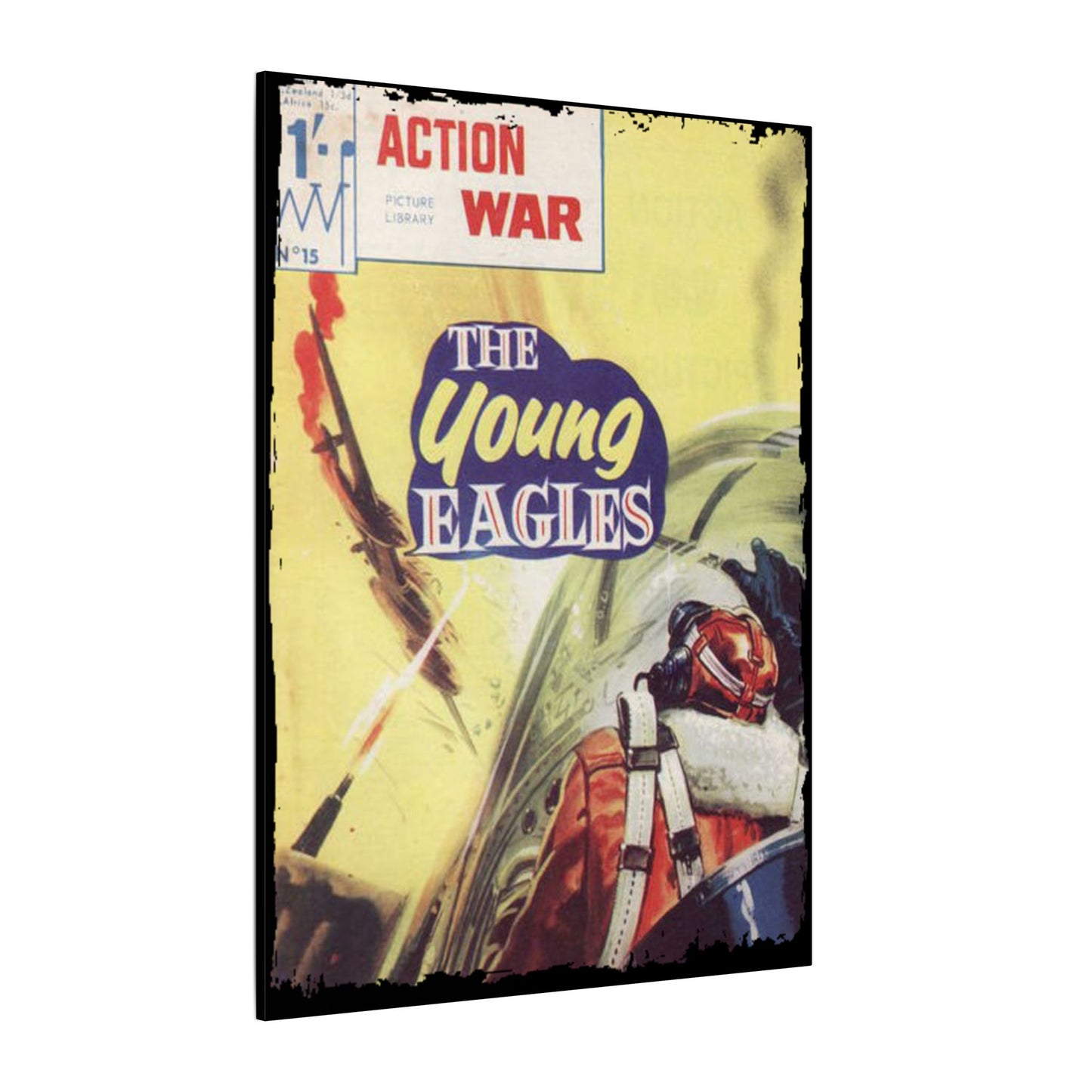 Close-up of the textured canvas surface with subtle brushstroke details and the vintage-inspired "Action War #15" title