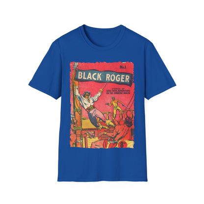 Close-up of black Roger No.1 T-shirt collar featuring reinforced stitching and soft cotton fabric texture from a slight side