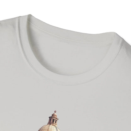 Overhead view highlighting the unisex fit and vibrant navy color of the Ancient Bldg 6 Softstyle T-Shirt’s collar and