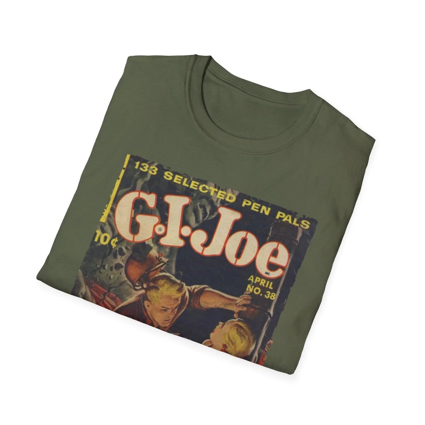 Close-up of the G.I. Joe No.38 unisex softstyle T-shirt's collar, revealing soft cotton fabric and double-stitched neckline