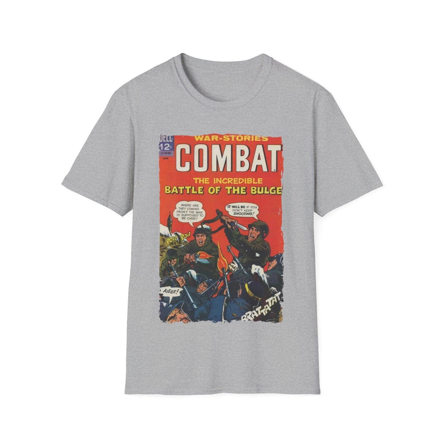 Close-up of the Combat June 1966 unisex softstyle T-shirt's collar and shoulder seam, showing smooth stitching and relaxed