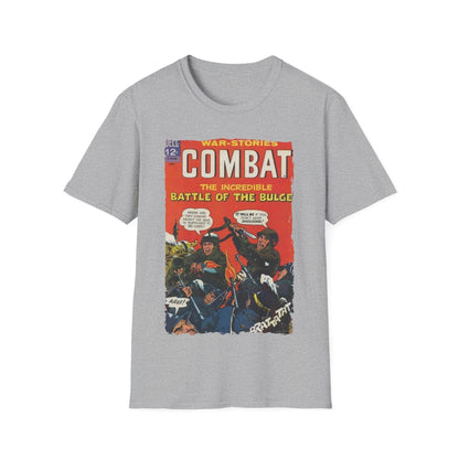 Close-up of the Combat June 1966 unisex softstyle T-shirt's collar and shoulder seam, showing smooth stitching and relaxed