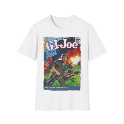 Close-up of the G.I. Joe No.41 unisex softstyle T-shirt's vibrant navy fabric and smooth crew neckline from a slightly