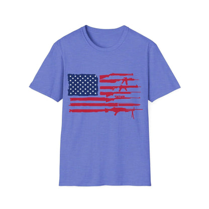 Close-up of the American flag guns graphic with vibrant colors and detailed artwork on the soft cotton fabric neckline