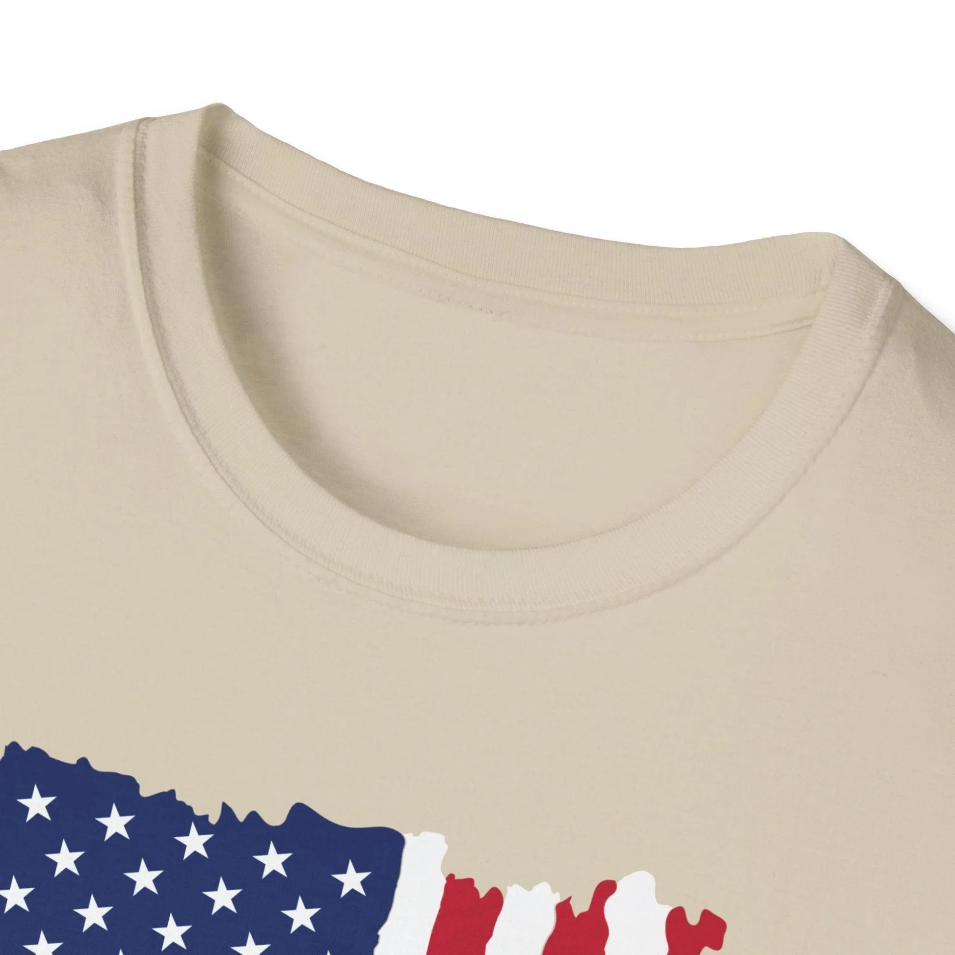 Close-up of the distressed vertical American flag print on the soft cotton fabric, showcasing the textured, vintage-inspired