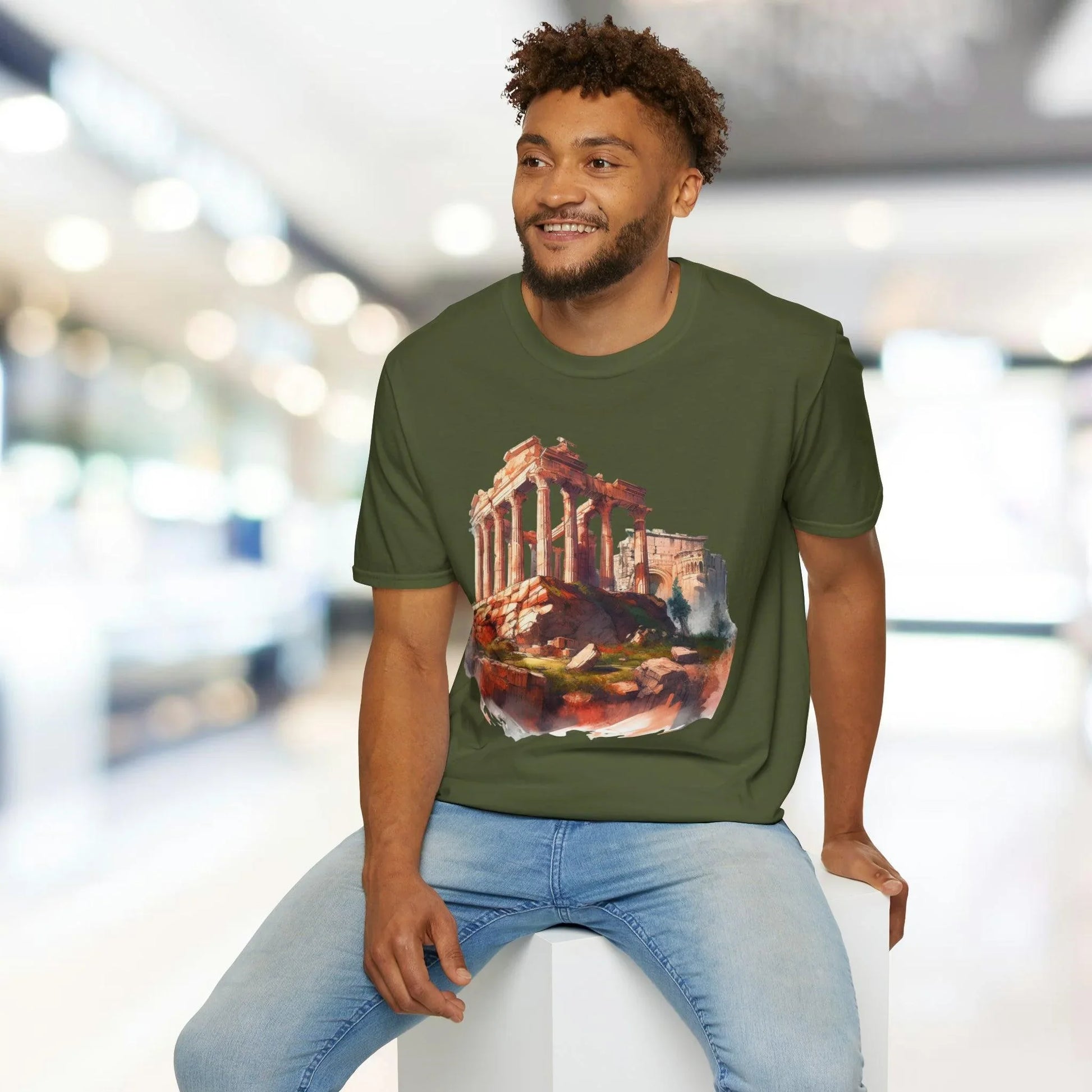 Close-up of the embroidered ancient building detail on the chest of the relaxed fit, charcoal gray organic cotton unisex