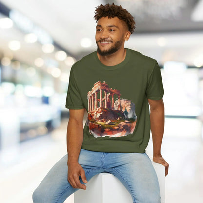 Close-up of the embroidered ancient building detail on the chest of the relaxed fit, charcoal gray organic cotton unisex