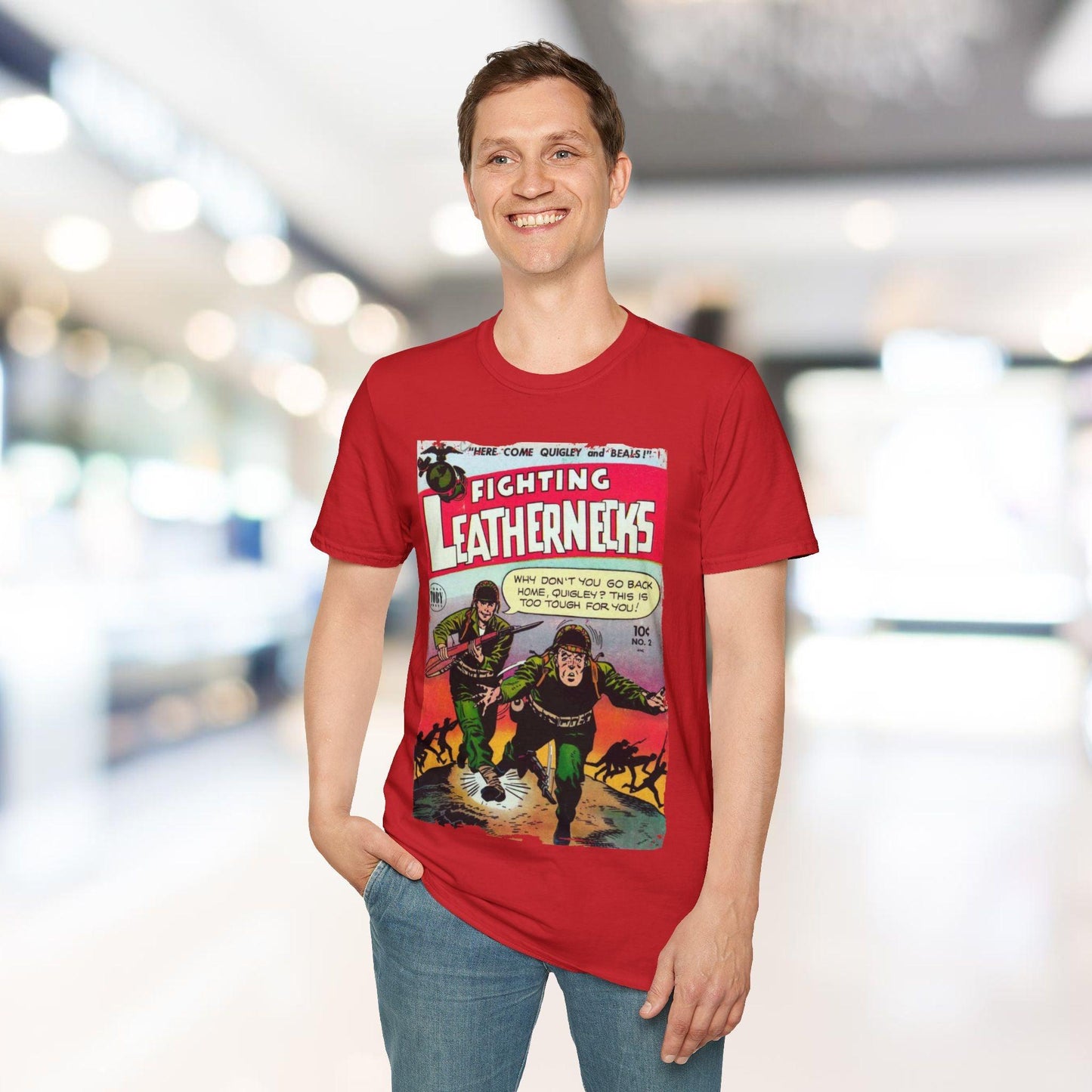 Close-up of the Fighting Leathernecks #2 T-shirt neckline featuring a stitched collar and visible fabric weave in heather