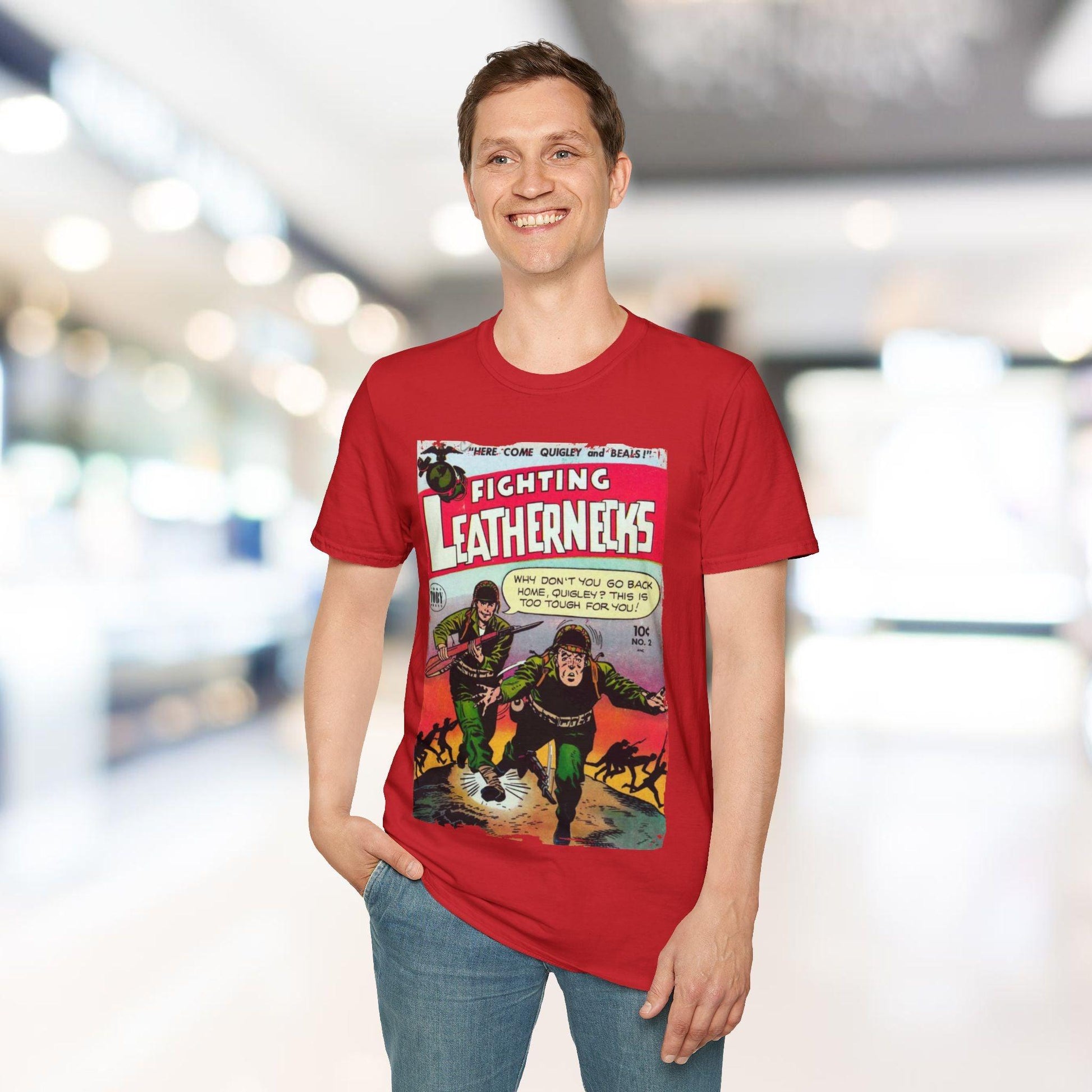 Close-up of the Fighting Leathernecks #2 T-shirt neckline featuring a stitched collar and visible fabric weave in heather