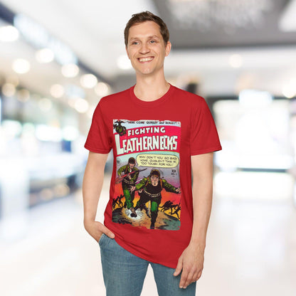 Close-up of the Fighting Leathernecks #2 T-shirt neckline featuring a stitched collar and visible fabric weave in heather