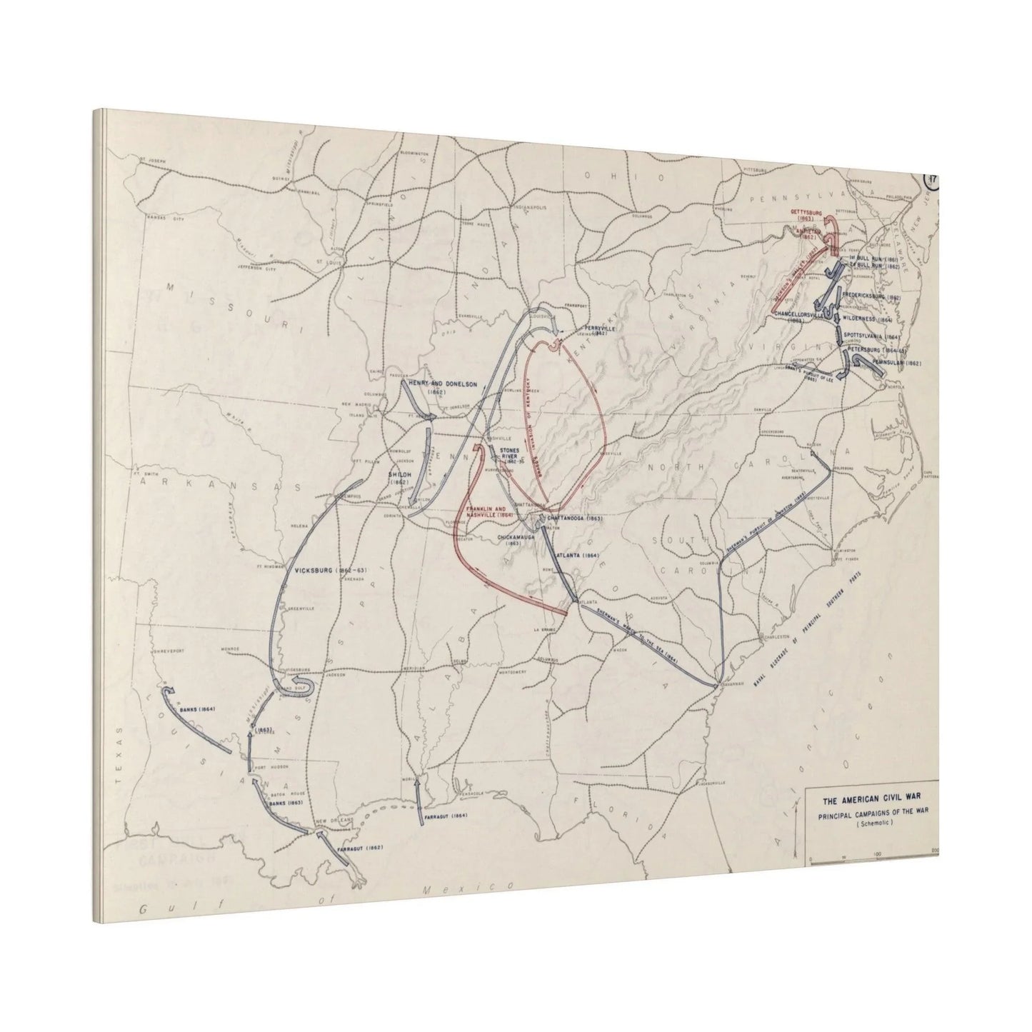 Close-up of textured canvas surface highlighting subtle brushstrokes and aged color details from the Civil War era scene.