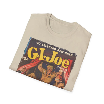 Close-up of the G.I. Joe No.37 soft-style T-shirt label sewn on the relaxed fit, dark navy color, highlighting the fabric's