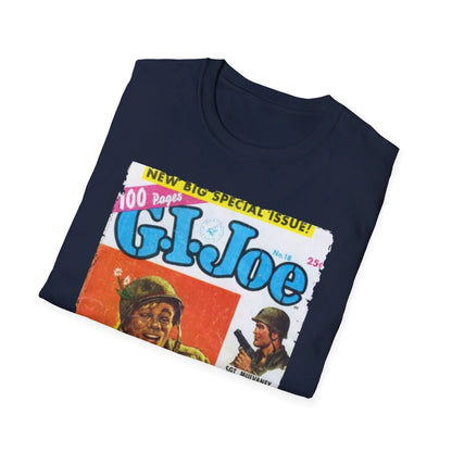 Close-up of the G.I. Joe No.18 softstyle T-shirt’s subtle woven tag at the hem, showcasing the fabric’s smooth texture and
