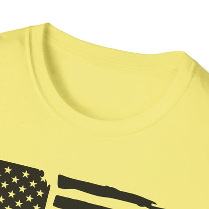 Close-up of distressed black-and-white American flag graphic on the relaxed fit, crew neckline, unisex unisex softstyle