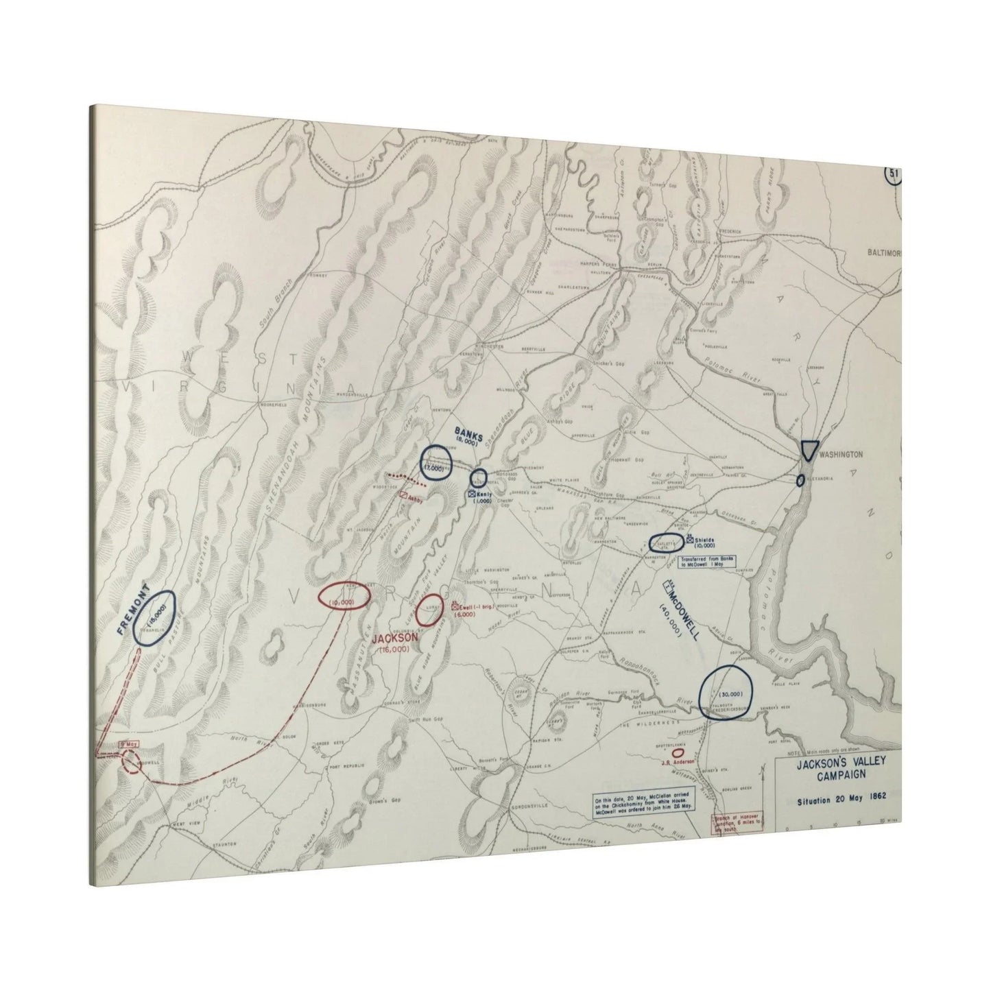 Close-up of detailed canvas texture and subtle brushstrokes highlighting the 1862 Civil War campaign scene from an overhead