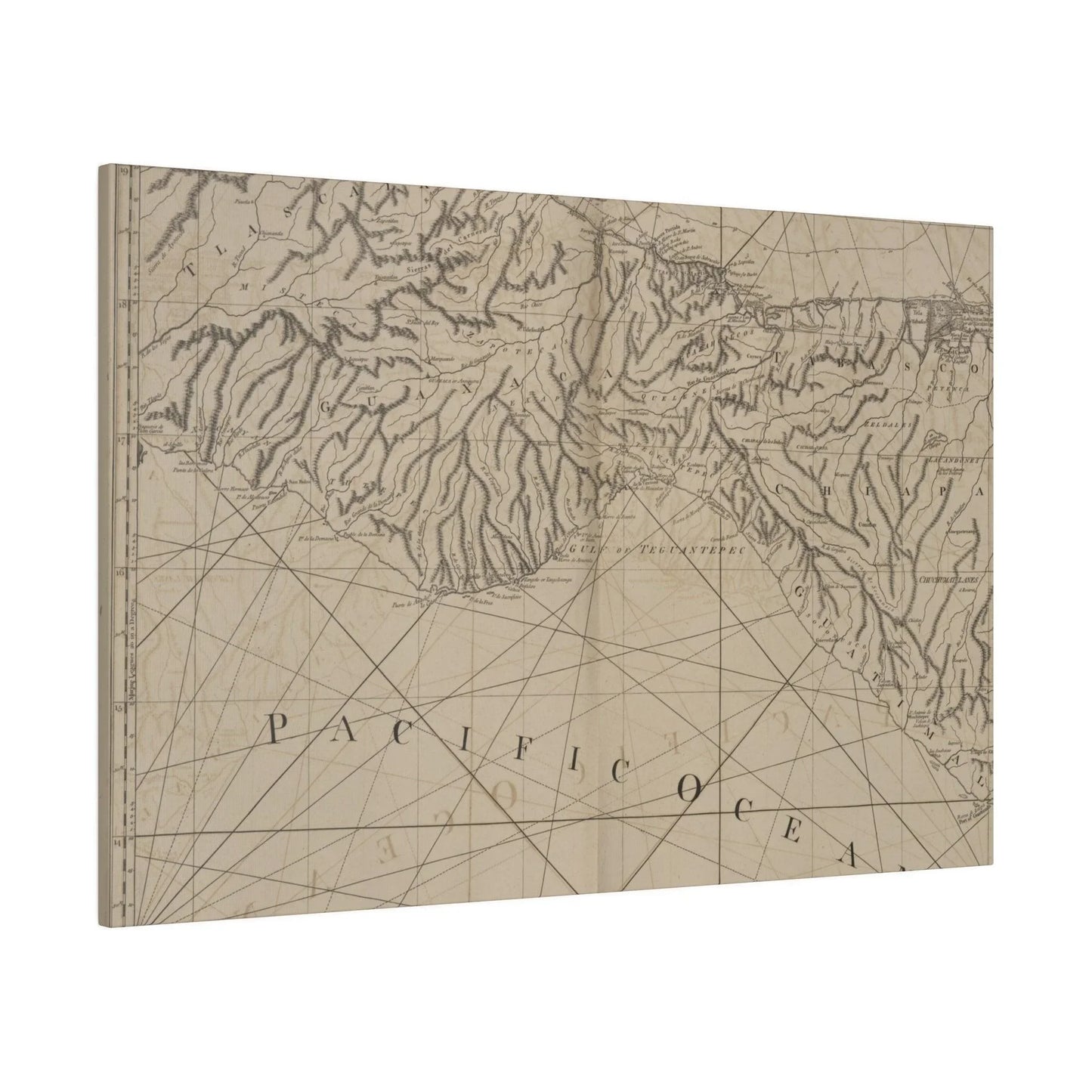 Close-up of "Coast of New Spain" canvas showing textured brushstrokes and vibrant coastal color details from a lower corner