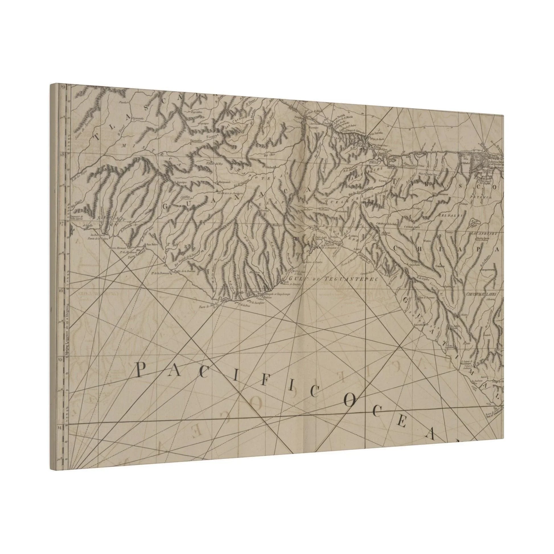 Close-up of "Coast of New Spain" canvas showing textured brushstrokes and vibrant coastal color details from a lower corner