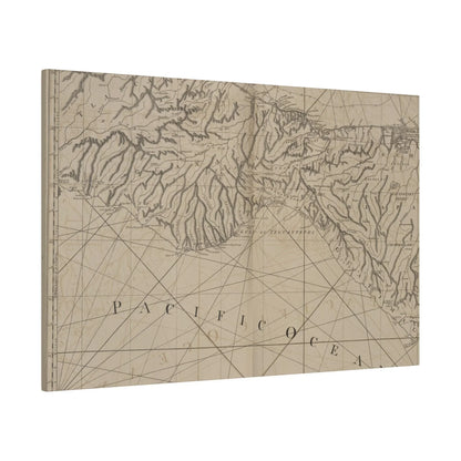 Close-up of "Coast of New Spain" canvas showing textured brushstrokes and vibrant coastal color details from a lower corner