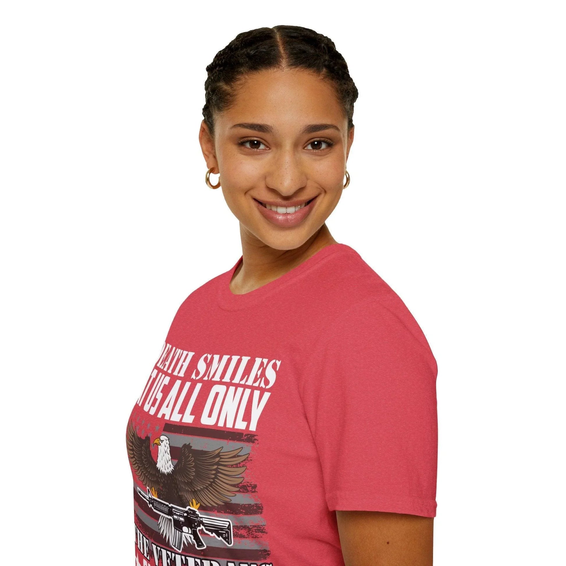 Close-up of the Death Smiles unisex softstyle T-shirt’s vibrant graphic print on the chest, highlighting smooth fabric