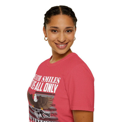 Close-up of the Death Smiles unisex softstyle T-shirt’s vibrant graphic print on the chest, highlighting smooth fabric