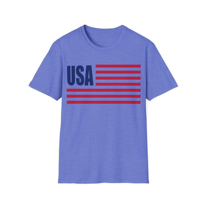 Close-up of the American flag USA color printed on the soft recycled fabric of the unisex relaxed-fit T-shirt showcasing